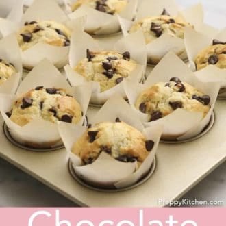 Pinterest graphic showing multiple chocolate chip muffins in a muffin tin.