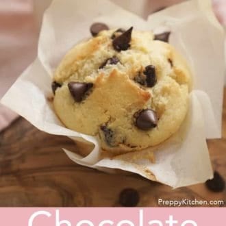 Pinterest graphic showing a chocolate chip muffin in a muffin liner.