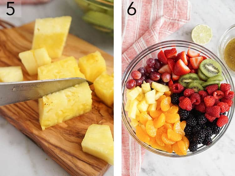 Pnappple piece being cut for a colorful, delicious fruit salad.