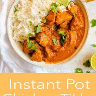 Pinterest graphic of Instant Pot chicken tikka masala in a bowl with rice, cilantro, and a lime wedge.