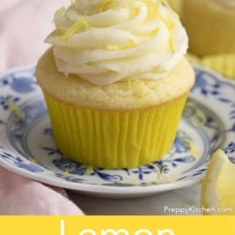 Pinterest graphic of lemon cupcake with lemon frosting on a plate.