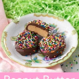 peanut butter eggs with sprinkles on a floral plate