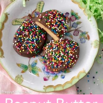 peanut butter eggs with sprinkles on a floral plate