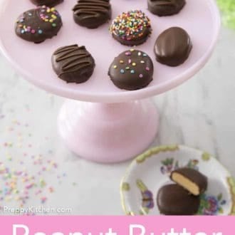 peanut butter eggs on a cake stand