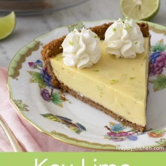 Pinterest graphic showing a closeup of a slice of lime pie.