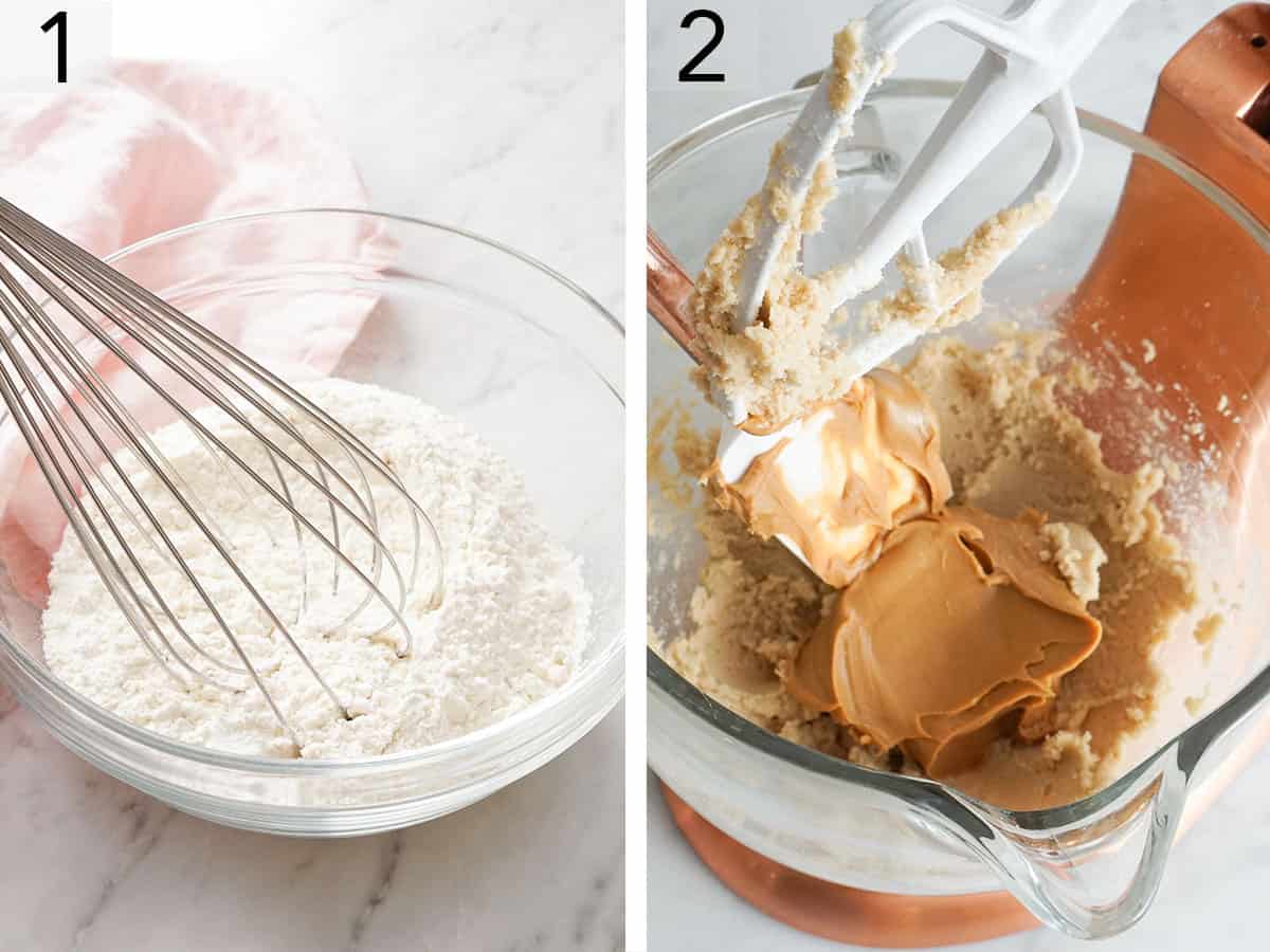 Peanut butter getting added to a bowl for peanut butter cookies.