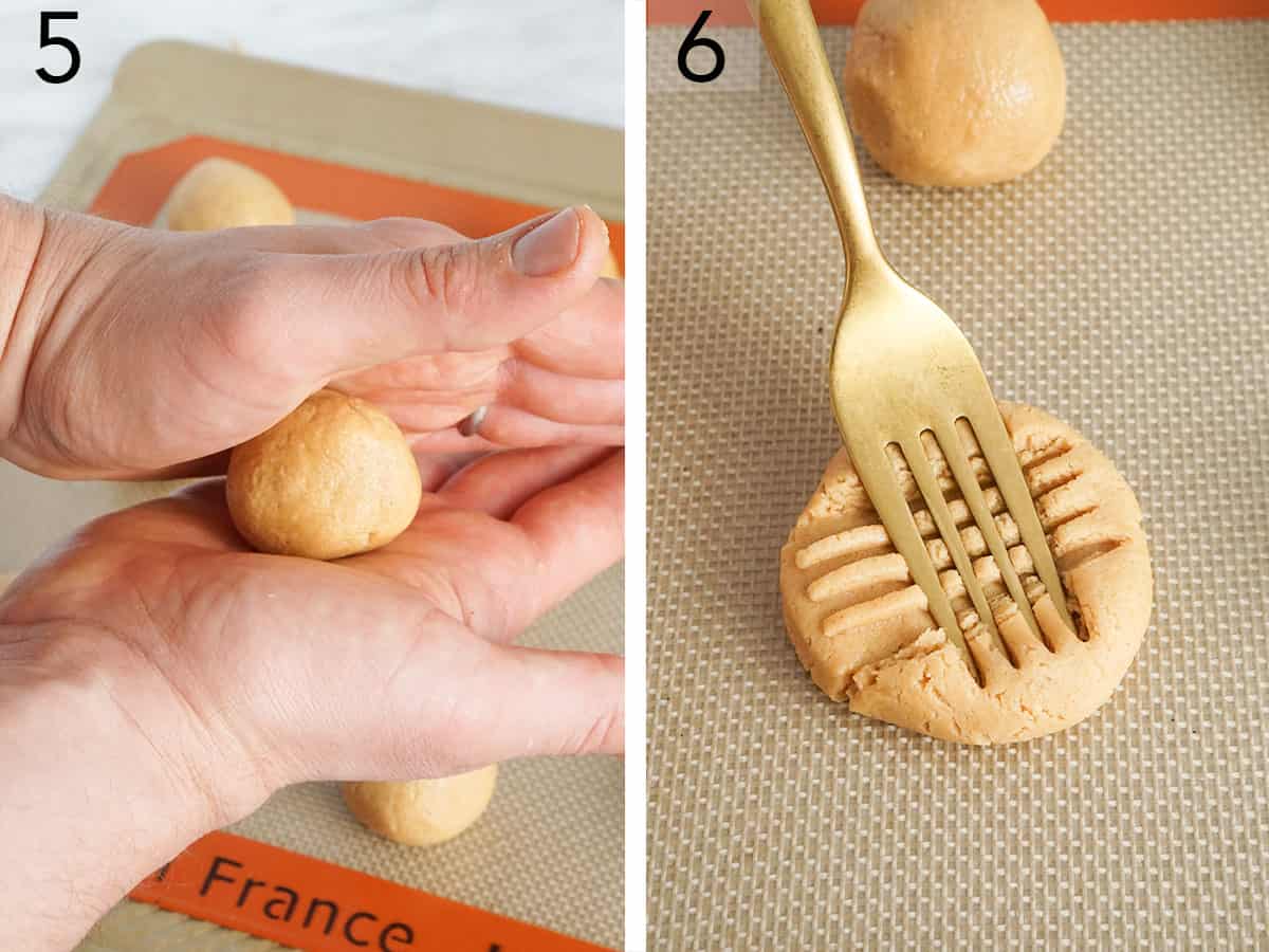Dough for peanut butter cookies getting rolled and pressed with a fork.