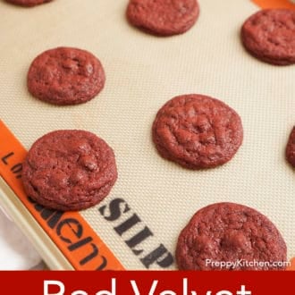 Pinterest graphic of red velvet cookies on a silpat.