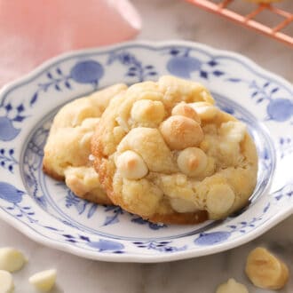 Two white chocolate macadamia nut cookies on a blue and white plate.