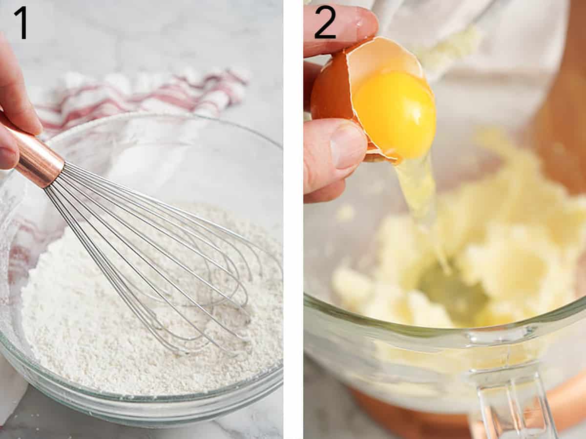 Set of two images showing dry ingredients whisked together, and egg added to a separate bowl.