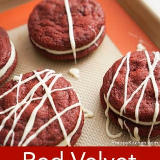 Pinterest graphic of red velvet cookies on a silpat being drizzled with melted chocolate.
