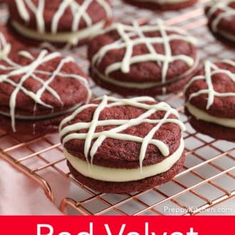 Pinterest graphic of red velvet cookies on a cooling rack.