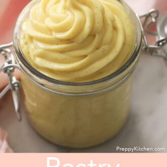 Pinterest graphic of pastry cream piped into a container next to a pink napkin.