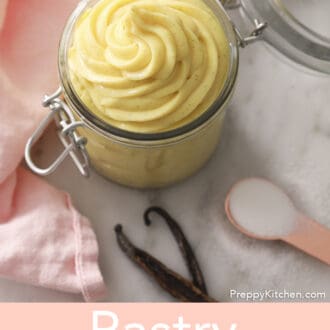 Pinterest graphic of a jar of pastry cream on a marble counter.