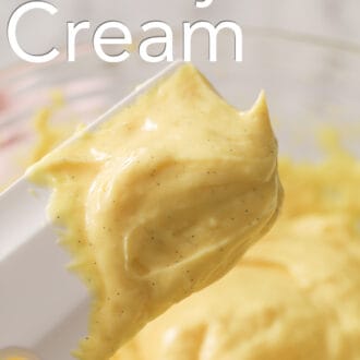 Pinterest graphic of a spatula holding a dollop of pastry cream up.