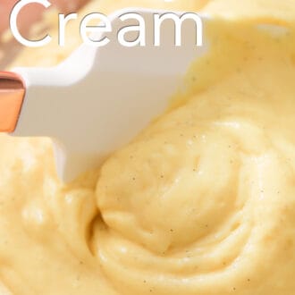 Pinterest graphic of pastry cream flecked with vanilla beans in a bowl.