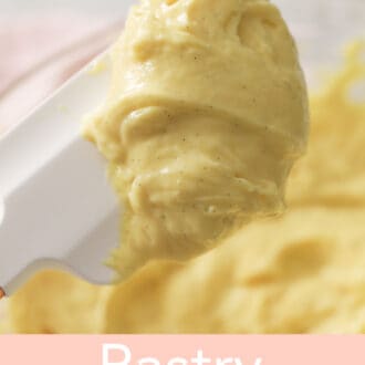 Pinterest graphic of pastry cream on a white spatula.