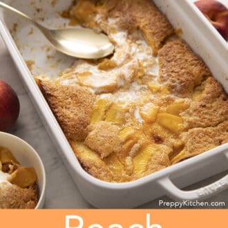 Pinterest graphic of peach cobbler in a baking dish with portions scooped out.