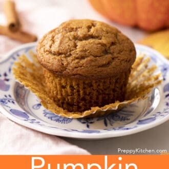 Pinterest graphic of a pumpkin muffin on a plate with the paper wrapper peeled off.