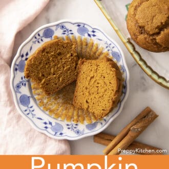 Pinterest graphic of a pumpkin muffins on a plate, cut in half.