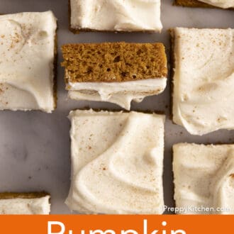 Pinterest graphic of pumpkin bars on a marble countre.