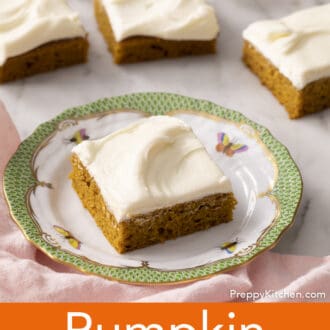 Pinterest graphic of a pumpkin bar on a green and white plate.