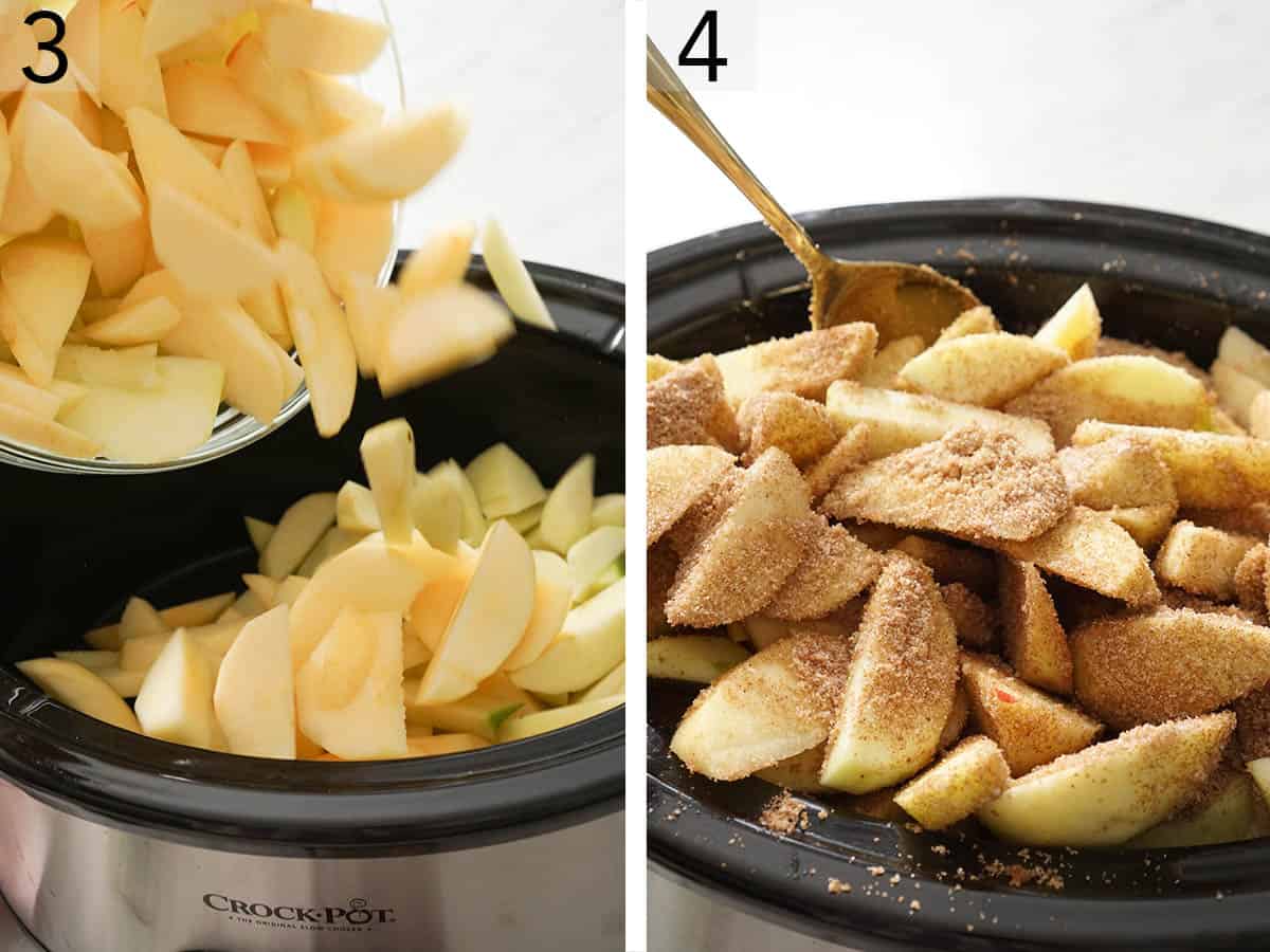 Apples going into a crockpot and getting tossed with sugar.