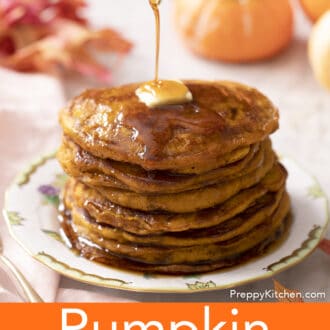 Syrup pouring over pumpkin pancakes.