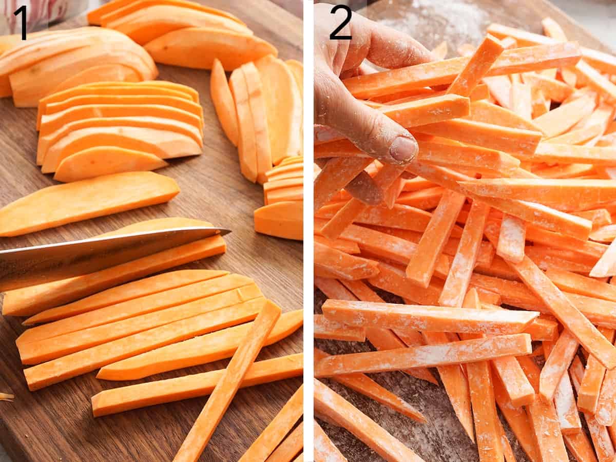 Sweet potatos getting cut into quarter inch sticks.