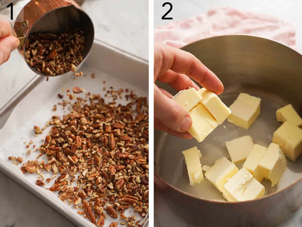 Pecans getting added to a the bottom of a baking dish for toffee.
