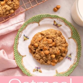 Pinterest graphic of an oatmeal scotchie on a patterned plate.
