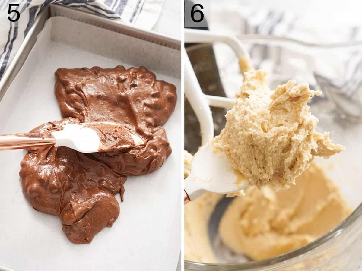 Two photos showing how to make cookies dough and brownie batter for brookies 