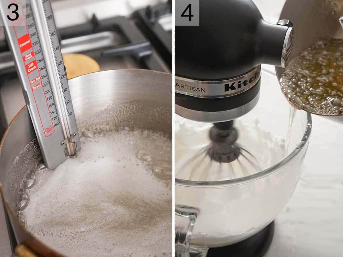 Set of two photos sugar cooked and poured into the mixer.