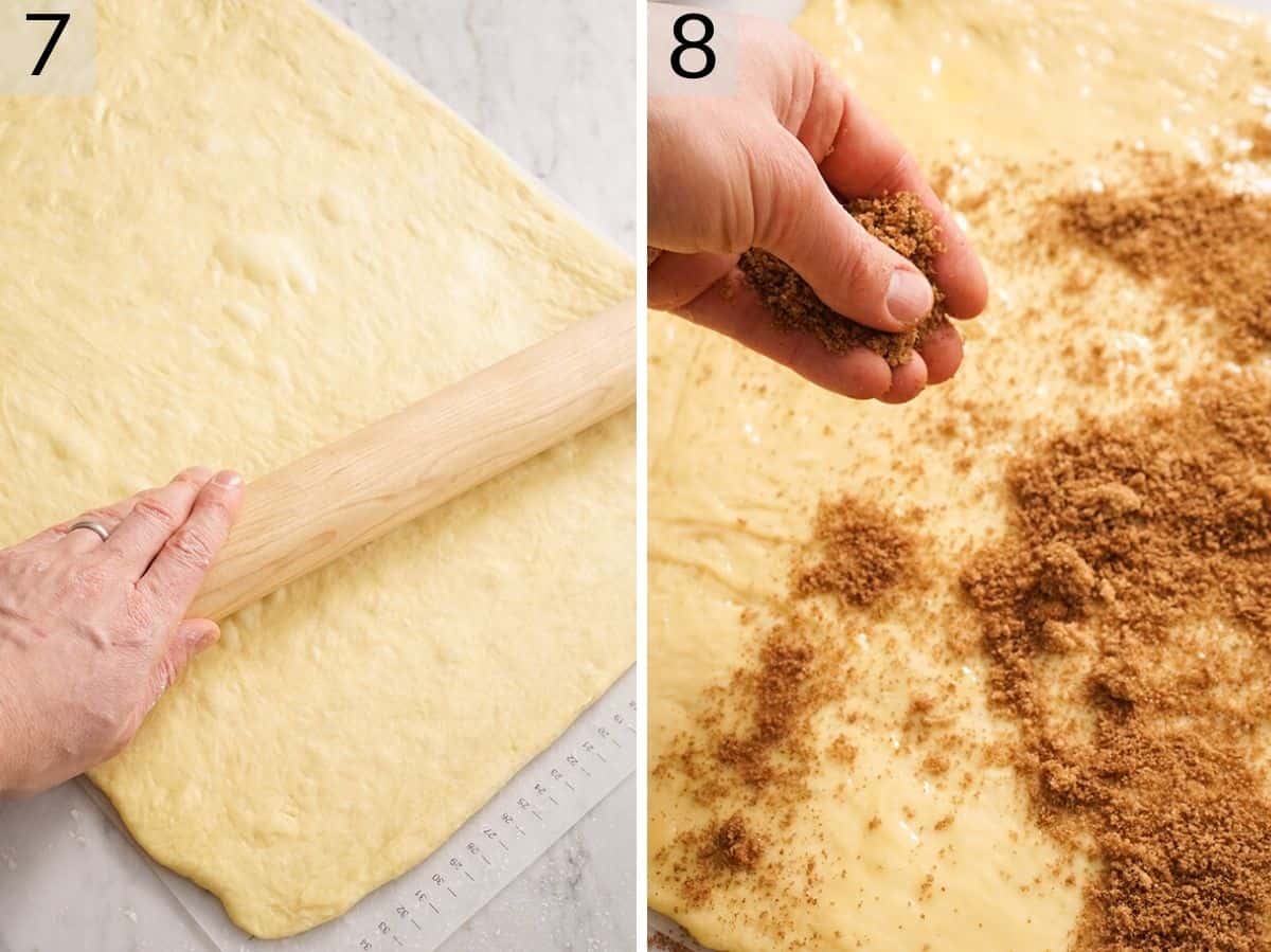Set of two photos showing how to roll out and fill sticky buns with cinnamon sugar.