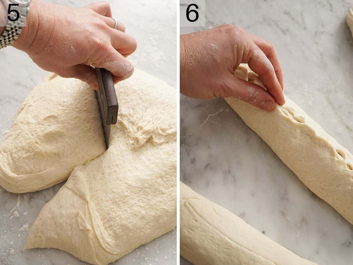 Set of two photos showing dough cut and pinched together.