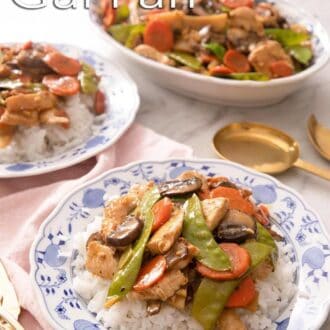 Pinterest graphic of moo goo gai pan over a bed of white rice.