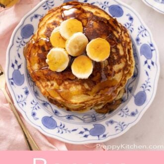 A pinterest graphic of an overhead view of banana pancakes on a plate.