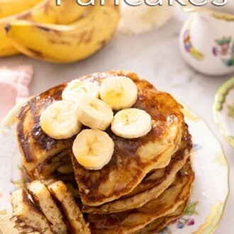 A pinterest graphic of banana pancakes with a portion cut out with a fork.
