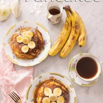 A pinterest graphic of two plates of banana pancakes with bananas, coffee, and maple syrup surrounding them.