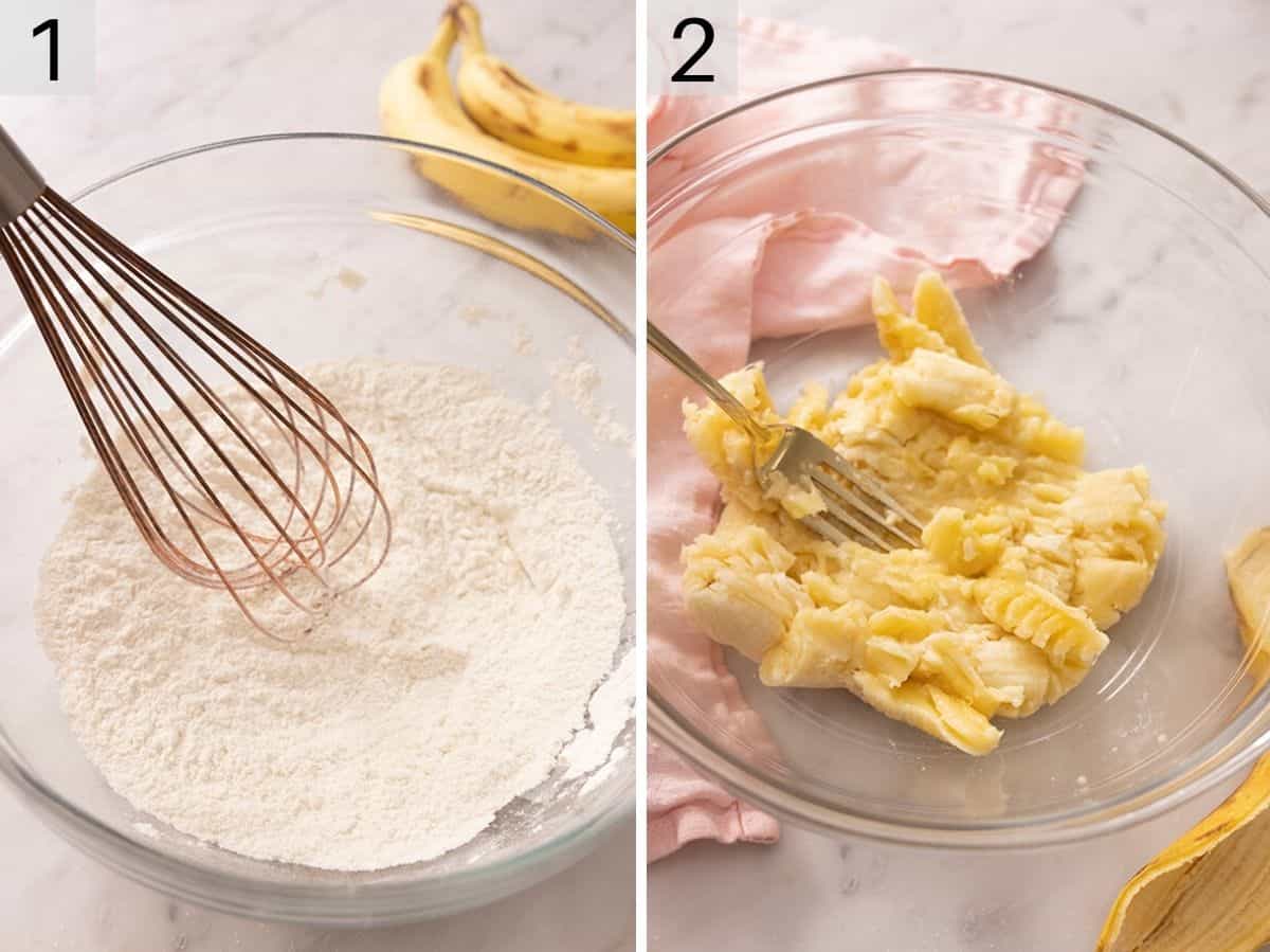 Two photos showing dry ingredients whisked together, and bananas mashed in a separate bowl with a fork.