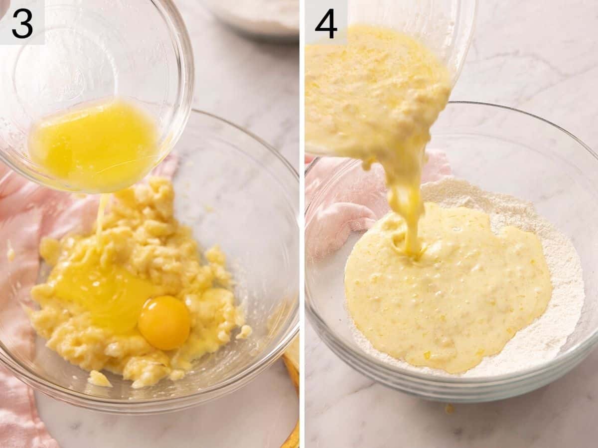 Two photos showing how to mix eggs, banana, and flour together for banana pancakes.