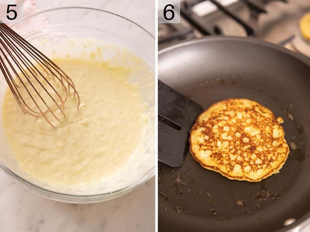 Two photos showing banana pancake batter whisked, and a pancake cooked in a skillet.