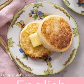 Pinterest graphic showing a halved English muffin with a pat of butter on a small plate.