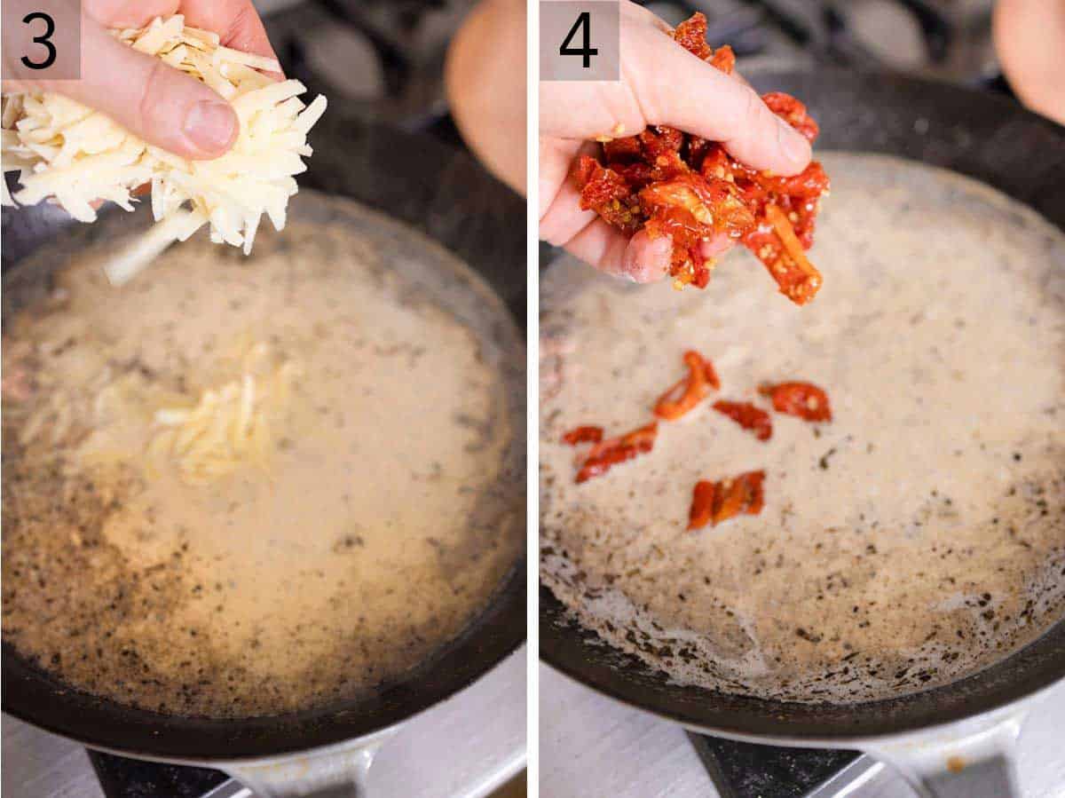 Set of two photos showing parmesan cheese added to the pan sauce and then sun-dried tomatoes.