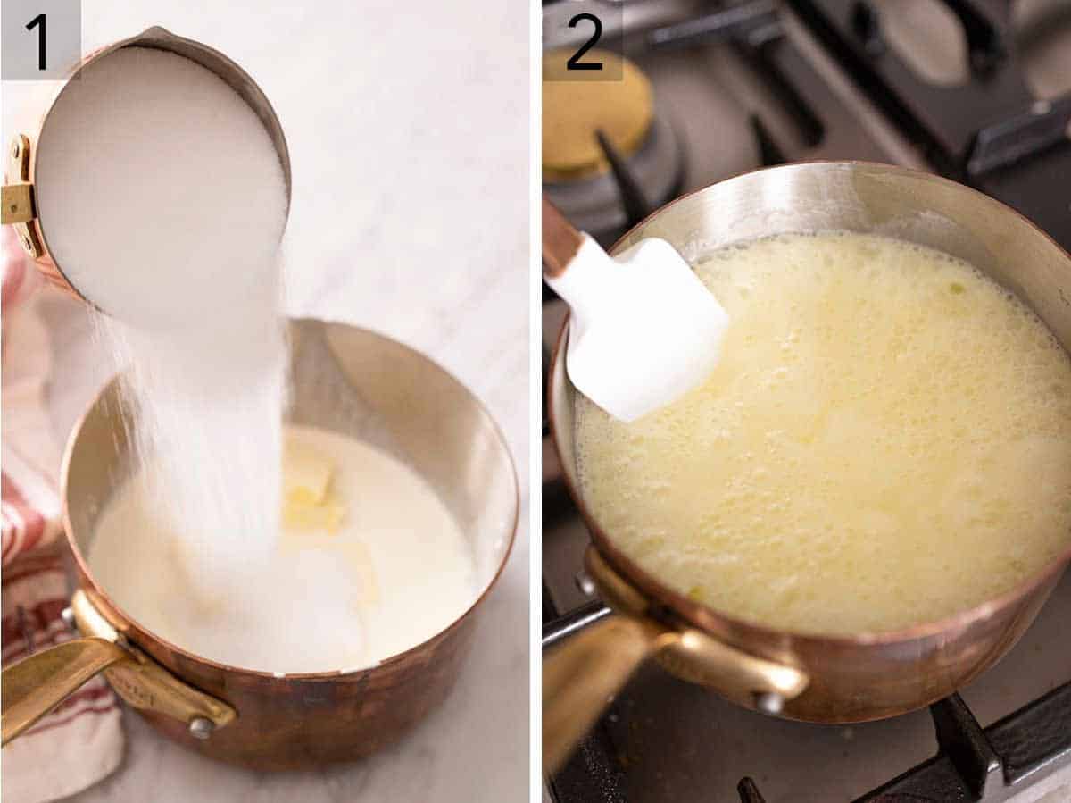Set of two photos showing sugar being added to a sauce pan and being cooked on the stove.