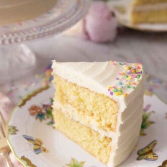 Pinterest graphic of a slice of vanilla cake with buttercream frosting and sprinkles on the edge of the cake.