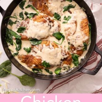 Pinterest graphic of an overhead view of a Staub braiser containing chicken florentine beside a striped linen.