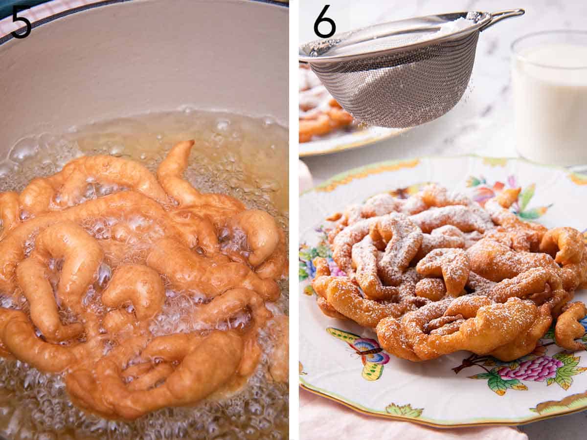 Set of two photos showing funnel cake fried in hot oil and then funnel cake dusted with sugar on a plate.