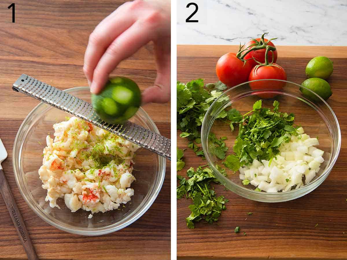 Set of two photos showing lime being zested into the lobster meat and a bowl with cilantro and onions being mixed.