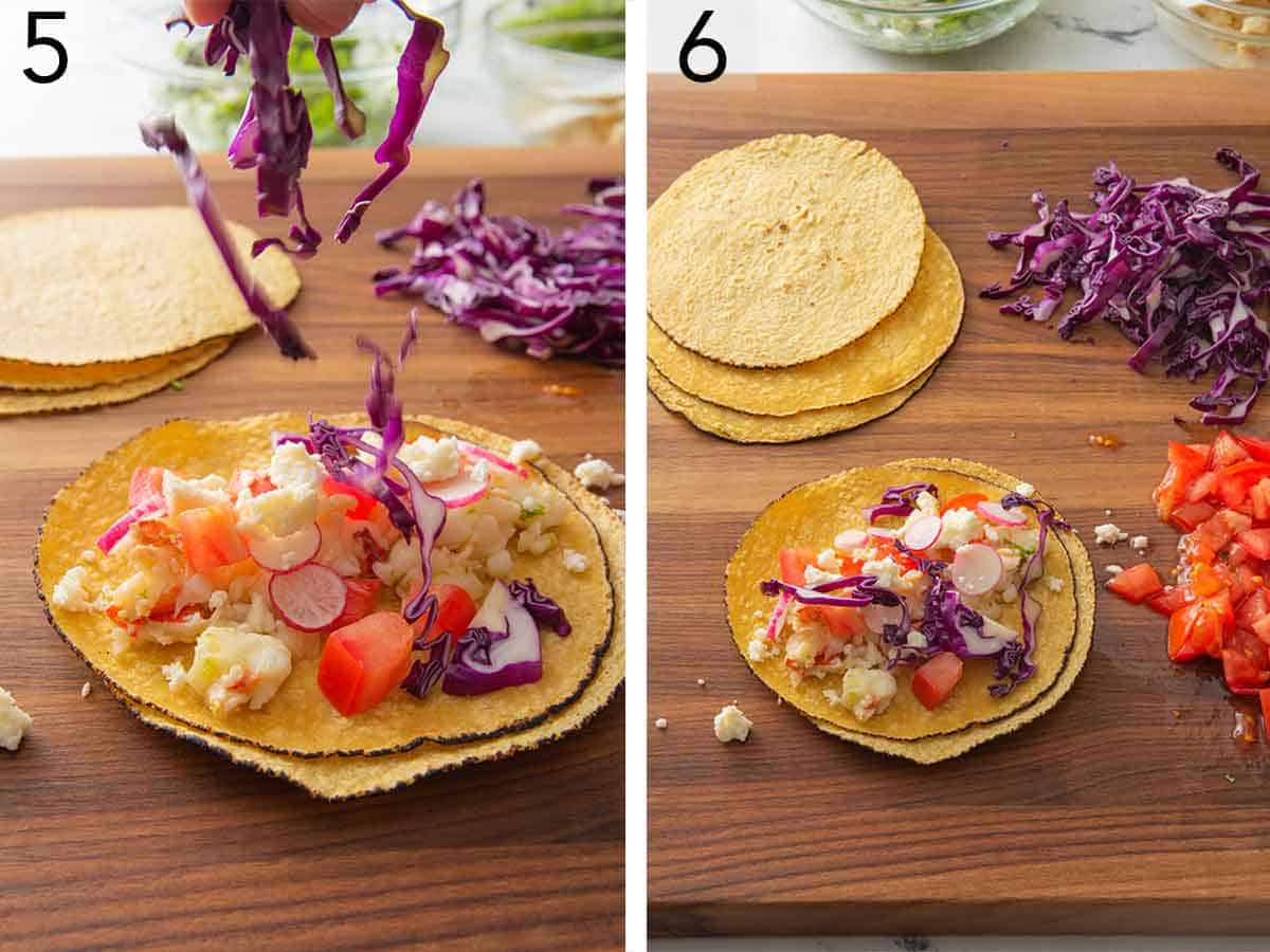 Set of two photos showing cabbage being added to a tortilla and a completed lobster taco.